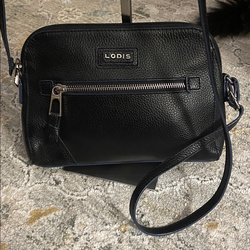 Lodis Black Pebbled Leather Charlotte Crossbody with Blue Piping